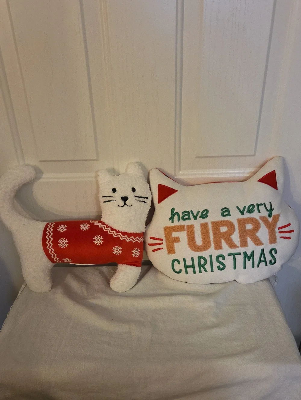 Festive White Cat Holiday Pillow Set with Red Accents